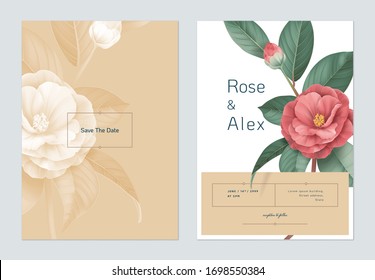 Floral wedding invitation card template design, red Semi-double Camellia flowers with leaves on brown and white