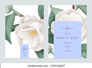 Floral wedding invitation card template design, white Semi-double Camellia flowers with leaves on white