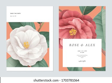 Floral wedding invitation card template design, white and red Semi-double Camellia flowers with leaves on bright red