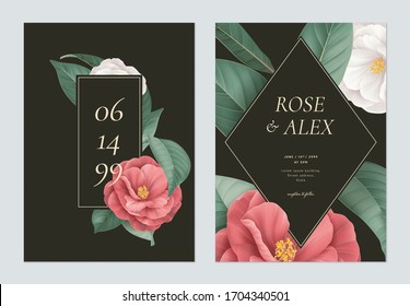 Floral wedding invitation card template design, white and red Semi-double Camellia flowers with leaves on dark grey