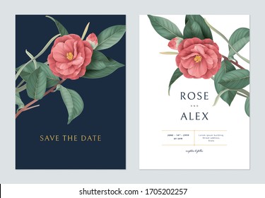 Floral wedding invitation card template design, red Semi-double Camellia flowers with leaves on dark blue and white