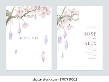 Floral wedding invitation card template design, Somei Yoshino sakura flowers decorated with purple crystals