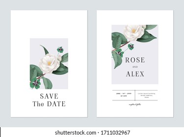 Floral wedding invitation card template design, white Semi-double Camellia flowers with leaves on bright grey
