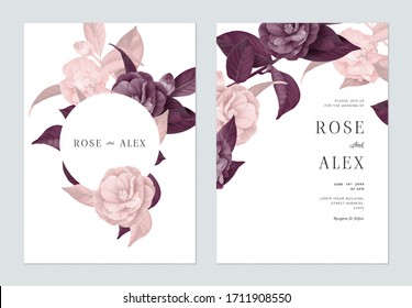 Floral wedding invitation card template design, Semi-double Camellia flowers with leaves in purple and pink tones