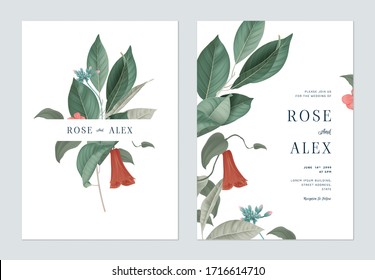 Floral wedding invitation card template design, various leaves and flowers on white