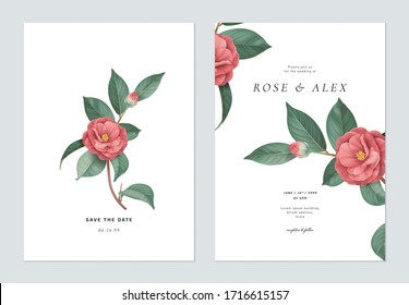 Floral wedding invitation card template design, red Semi-double Camellia flowers with leaves on white