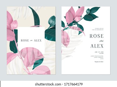 Floral wedding invitation card template design, Semi-double Camellia flowers with palm leaves in green and pink tones