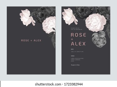 Floral wedding invitation card template design, black and pink roses on dark grey