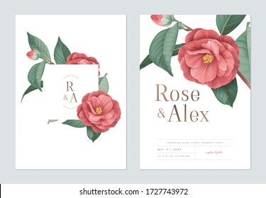 Floral wedding invitation card template design, red Semi-double Camellia flowers with leaves on white