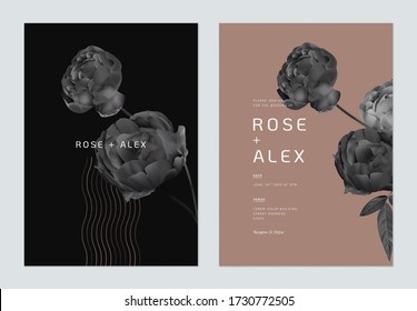 Floral wedding invitation card template design, black roses on dark grey and brown