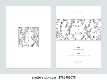 Floral wedding invitation card template design, floral line art ink drawing on white