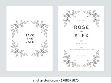 Floral wedding invitation card template design, floral line art ink drawing on white