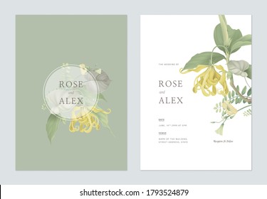 Floral wedding invitation card template design, cananga odorata flowers with various leaves on green and white