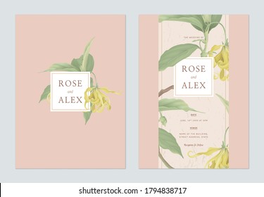 Floral wedding invitation card template design, cananga odorata flowers with leaves on bright orange