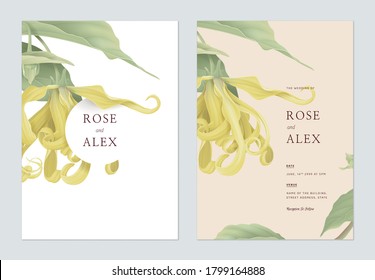 Floral wedding invitation card template design, cananga odorata flowers with leaves on bright brown
