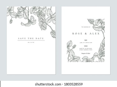 Floral wedding invitation card template design, vintage floral line art ink drawing on white