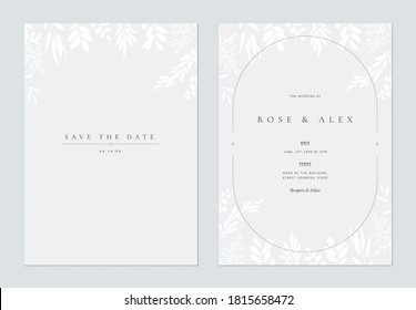 Floral wedding invitation card template design, hand drawn white leaves on bright grey