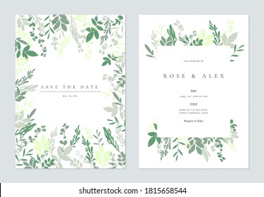 Floral wedding invitation card template design, hand drawn green floral on white