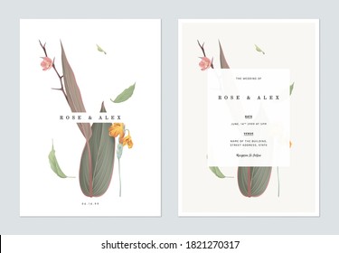 Floral wedding invitation card template design, various flowers and leaves