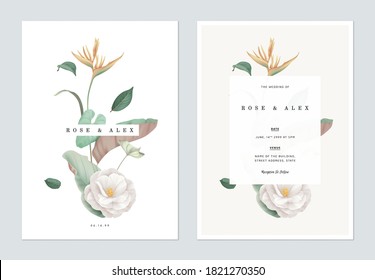 Floral wedding invitation card template design, various flowers and leaves