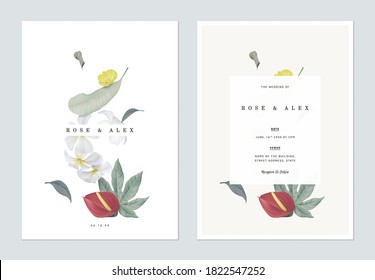 Floral wedding invitation card template design, various flowers and leaves
