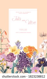 Floral wedding invitation card template design, wild flowers, tulip, lilies and herbs invitation,  vintage theme.