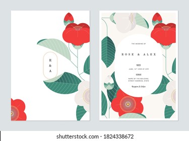 Floral wedding invitation card template design, red and white camellia flower and leaves