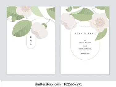 Floral wedding invitation card template design, white camellia flower and leaves