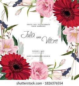 Floral wedding invitation card template design, red gerbera, tulips and eustoma flowers on white, violet vintage theme.