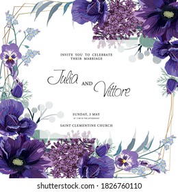 Floral wedding invitation card template design, violet lilac anemones flowers on white, violet vintage theme.