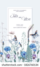 Floral wedding invitation card template design, wild cornflower, viola and forget-me-not and herbs invitation,  vintage theme.