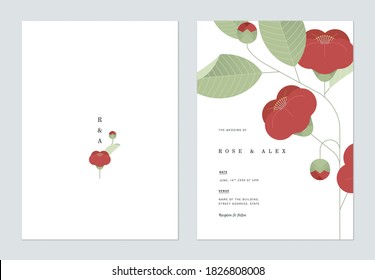 Floral wedding invitation card template design, red camellia flower and leaves