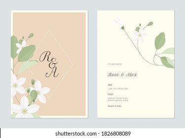 Floral wedding invitation card template design, orange jasmine flowers with leaves