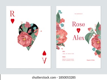 Floral wedding invitation card template design, red Semi-double Camellia and various red flowers with leaves on white