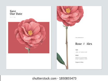 Floral wedding invitation card template design, red Semi-double Camellia flowers with leaves on white