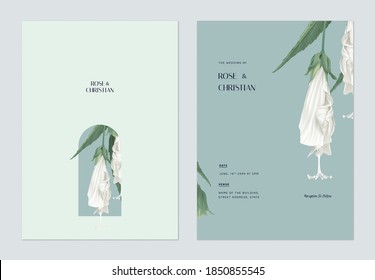 Floral wedding invitation card template design, white sleeping hibiscus flowers with leaves on blue