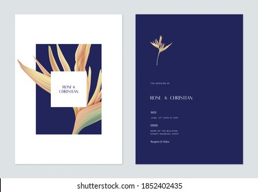 Floral wedding invitation card template design, Heliconia rostrata flowers on blue