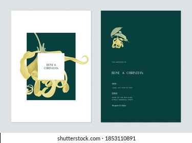 Floral wedding invitation card template design, cananga odorata flowers on dark green