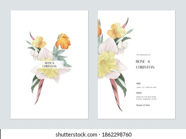 Floral wedding invitation card template design, various types of flowers and leaves bouquet