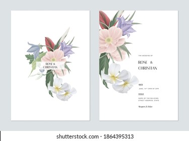 Floral wedding invitation card template design, various types of flowers and leaves bouquet