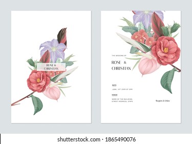 Floral wedding invitation card template design, various types of flowers and leaves bouquet