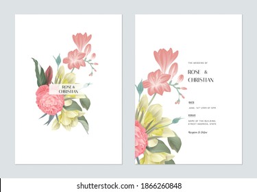 Floral wedding invitation card template design, various types of flowers and leaves bouquet