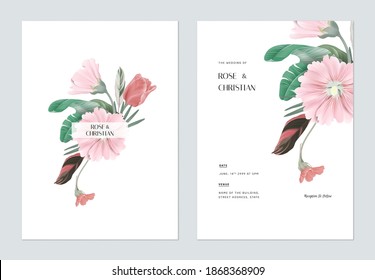 Floral wedding invitation card template design, various types of flowers and leaves bouquet