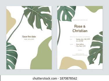 Floral wedding invitation card template design, Split-leaf Philodendron on white