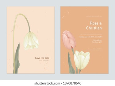 Floral Wedding Invitation Card Template Design, Yellow And Pink Tulip Flowers With Lives