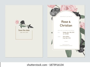 Floral wedding invitation card template design, black and pink rose with leaves