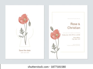 Diseño de la plantilla de la tarjeta de invitación a la boda floral, flores rojas de amapola con hojas en blanco