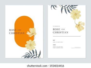 Floral Wedding Invitation Card Template Design, Orange Cosmos Flowers With Leaves