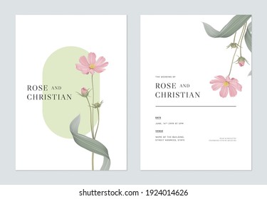 Floral wedding invitation card template design, pink cosmos flowers with leaves