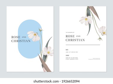 Floral wedding invitation card template design, white cosmos flowers with leaves